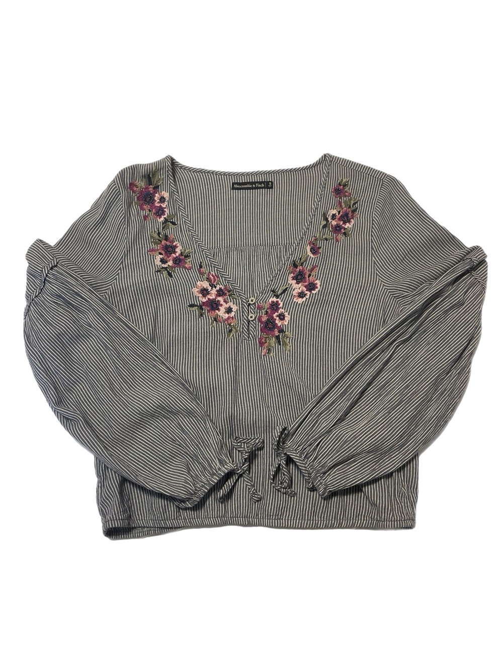 Abercrombie Embroidered Beaded Flower V-Neck Peasant Top Long Sleeve Size Small